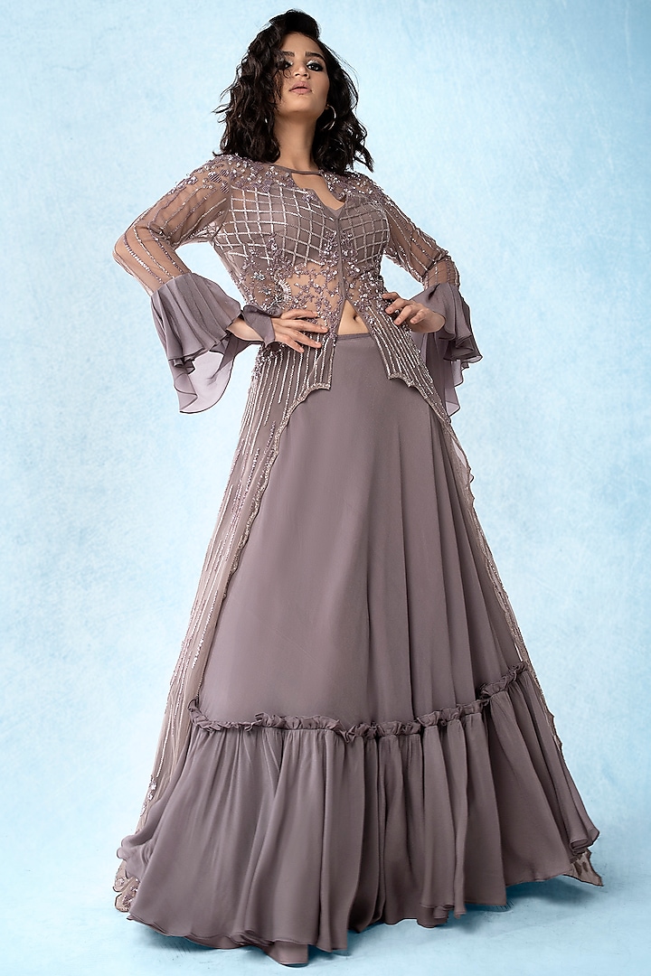 Grey Embroidered Skirt Set by Babita Malkani
