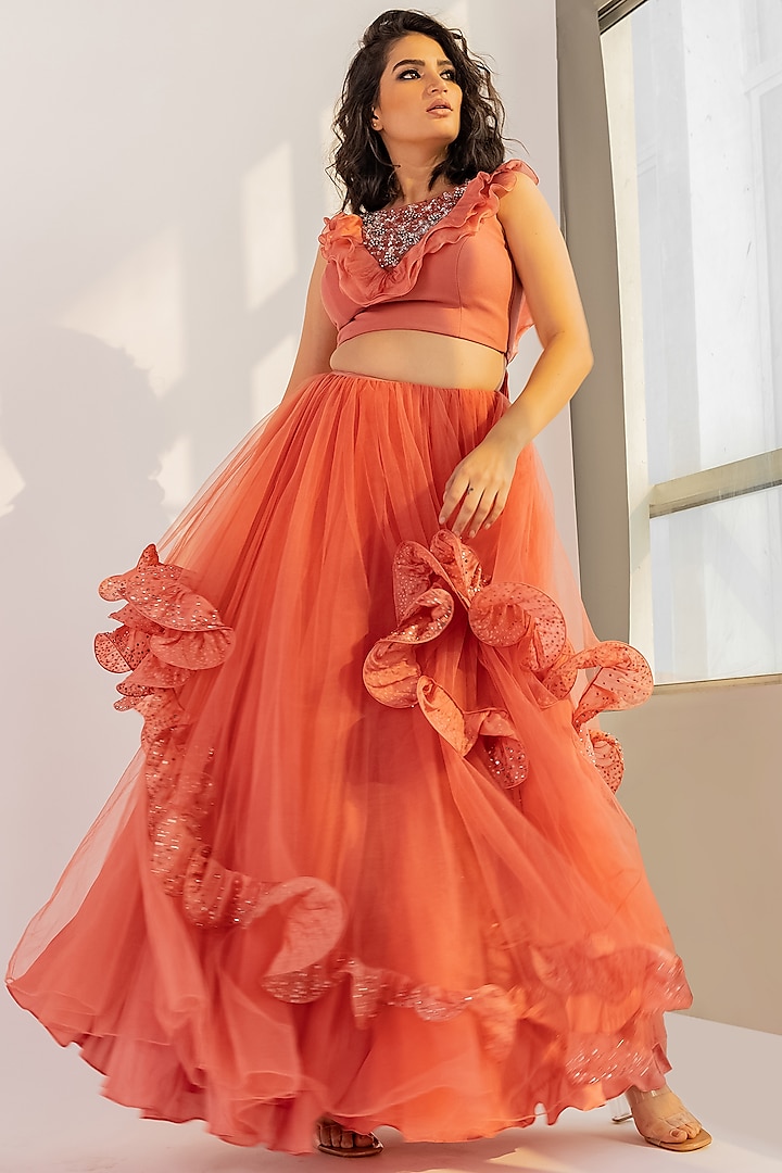 Rose Pink Ruffled & Embroidered Lehenga Set by Babita Malkani