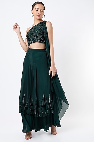 Dark Emerald Green Embroidered Flared Pant Set by Babita Malkani