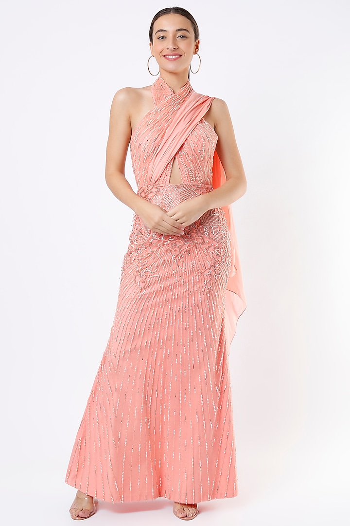 Peach Embroidered Gown by Babita Malkani