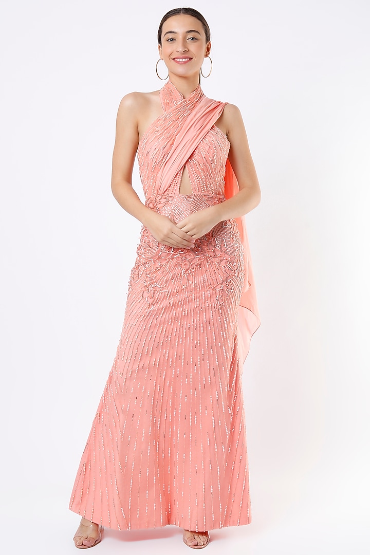 Peach Embroidered Gown by Babita Malkani at Pernia's Pop Up Shop