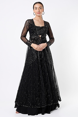 Black Crepe & Net Crystal Beads Embroidered Jacket Lehenga Set by Babita Malkani