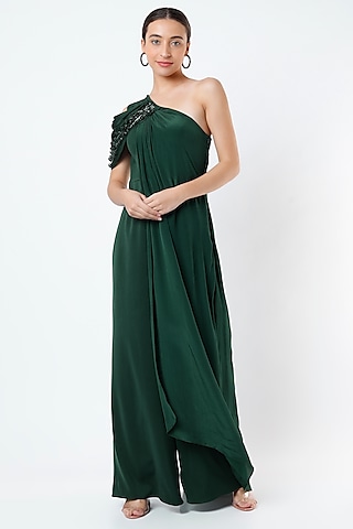 Emerald Green Asymmetrical Draped Jumpsuit by Babita Malkani