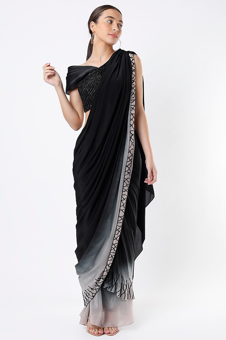 Black Ombre Printed Pre-Stitched Saree Set by Babita Malkani