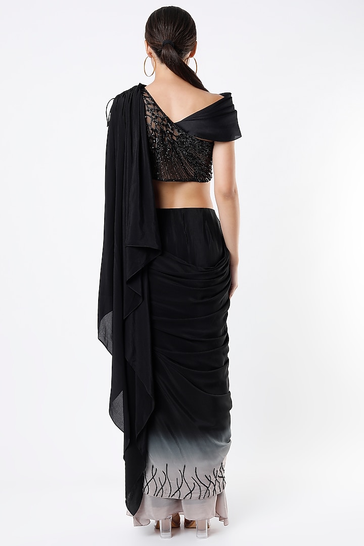 Black Ombre Printed Pre-Stitched Wedding Saree Set by Babita Malkani at Pernia's Pop Up Shop