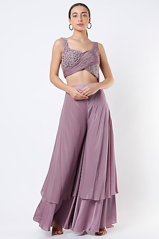 Lavender Pink Crepe High-Waisted Flared Palazzo Pant by Babita Malkani