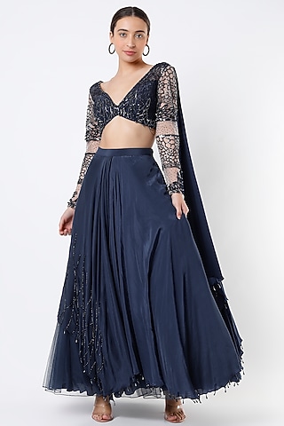Navy Blue Embroidered Asymmetrical Draped Lehenga Set by Babita Malkani