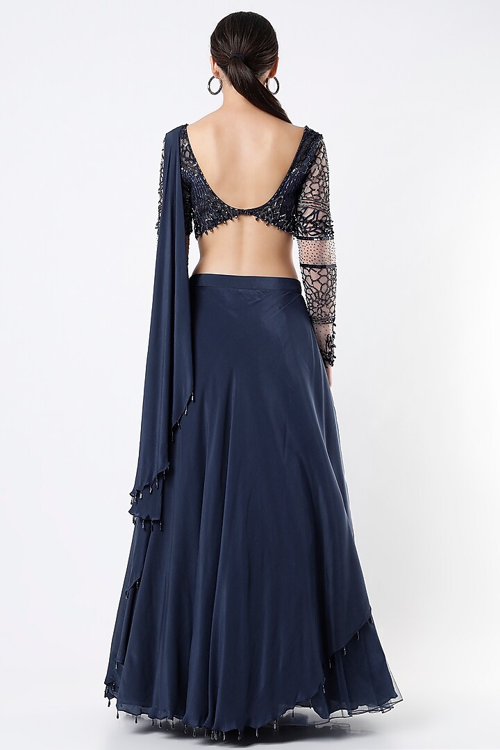 Navy Blue Embroidered Asymmetrical Draped Wedding Lehenga Set by Babita Malkani at Pernia's Pop Up Shop