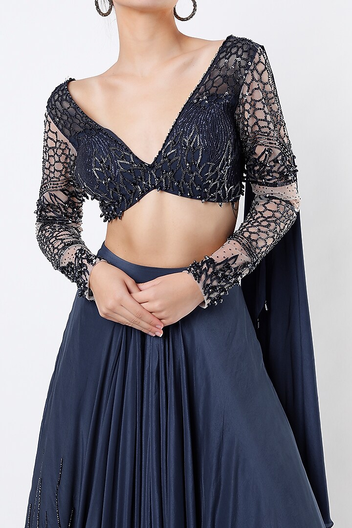 Navy Blue Embroidered Asymmetrical Draped Wedding Lehenga Set by Babita Malkani at Pernia's Pop Up Shop