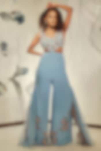 Powder Blue Embroidered Jumpsuit by Babita Malkani at Pernia's Pop Up Shop