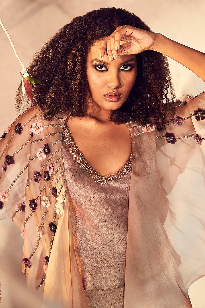 Coffee Embroidered Cape Set by Babita Malkani at Pernia's Pop Up Shop