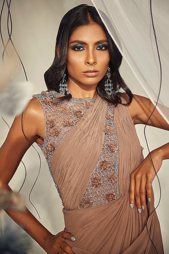 Coffee Crepe Pre-Draped Wedding Gown Saree by Babita Malkani at Pernia's Pop Up Shop