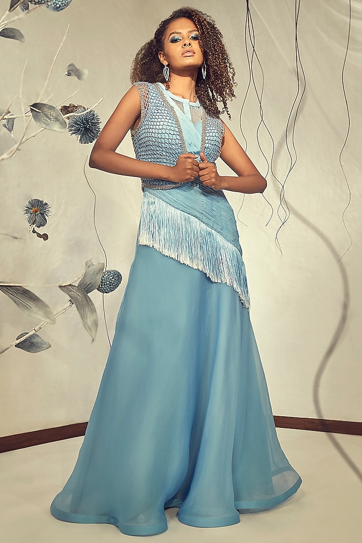 Powder Blue Silk Organza Gown by Babita Malkani