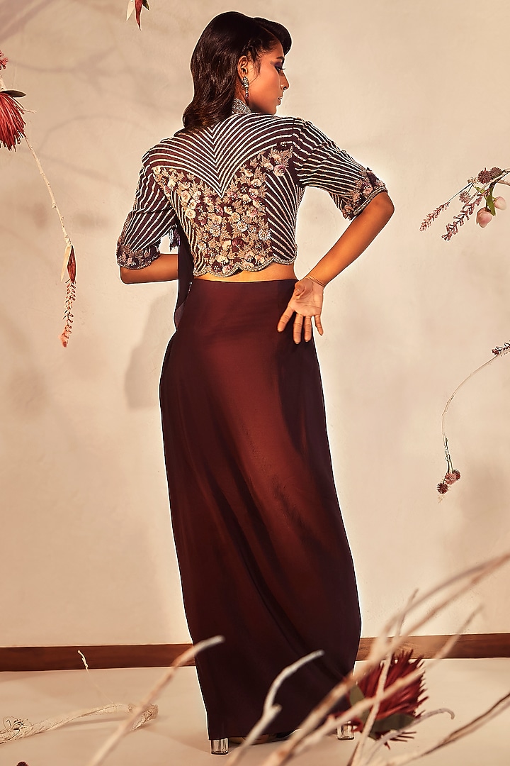 Wine Silk Pre-Draped Wedding Saree Set by Babita Malkani at Pernia's Pop Up Shop