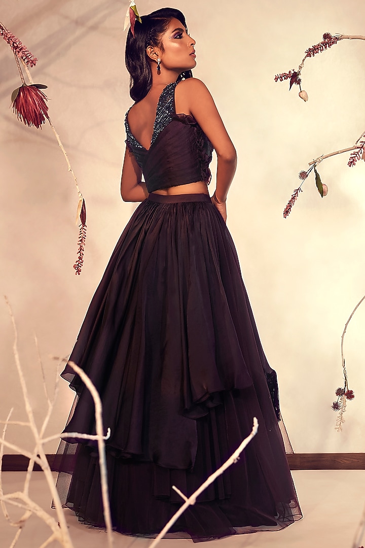 Wine Tulle & Organza Wedding Lehenga Set by Babita Malkani at Pernia's Pop Up Shop