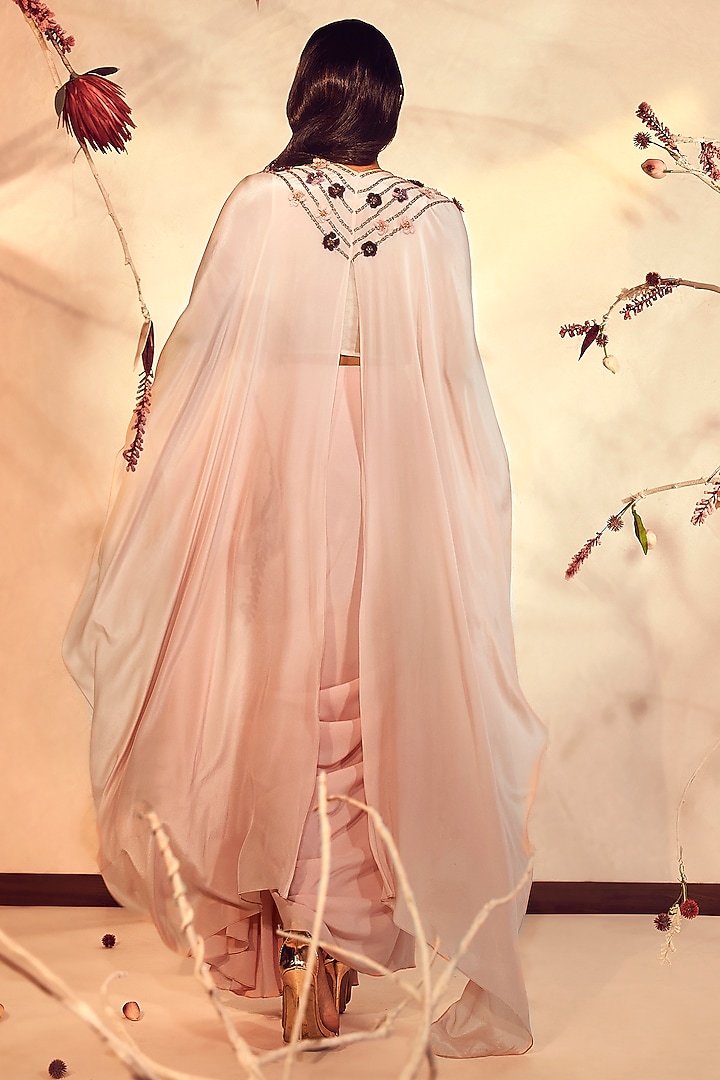 Salmon Pink Embroidered Cape Set by Babita Malkani at Pernia's Pop Up Shop