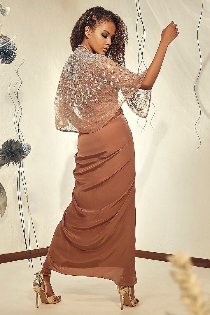 Coffee Tulle & Crepe Draped Cocktail Dress With Embroidered Cape by Babita Malkani at Pernia's Pop Up Shop