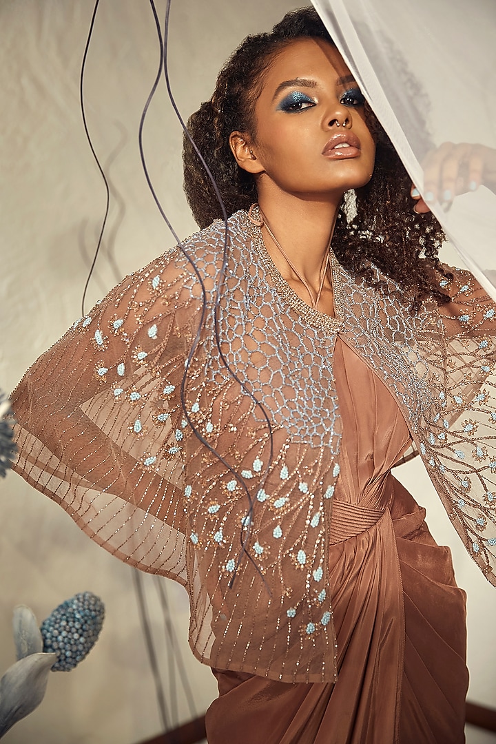 Coffee Tulle & Crepe Draped Cocktail Dress With Embroidered Cape by Babita Malkani at Pernia's Pop Up Shop