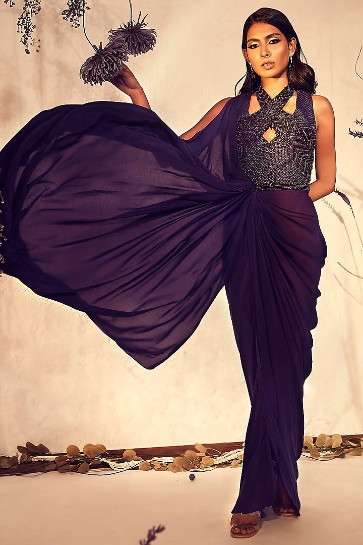 Violet Silk Crepe Crystal Work Gown Saree by Babita Malkani