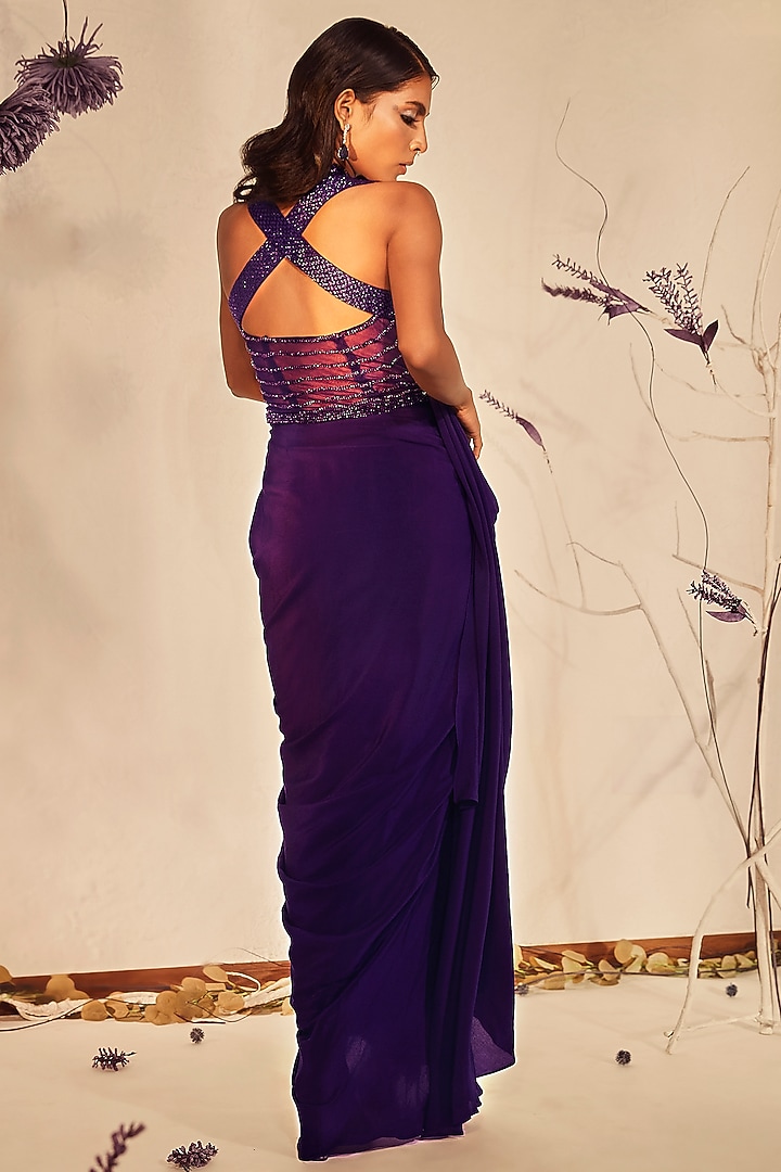 Violet Silk Crepe Crystal Work Wedding Gown Saree by Babita Malkani at Pernia's Pop Up Shop