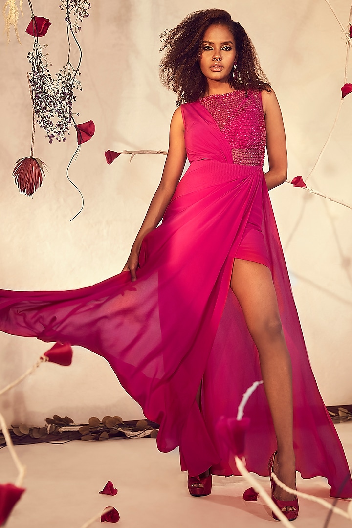 Pink Silk Crepe Gown by Babita Malkani