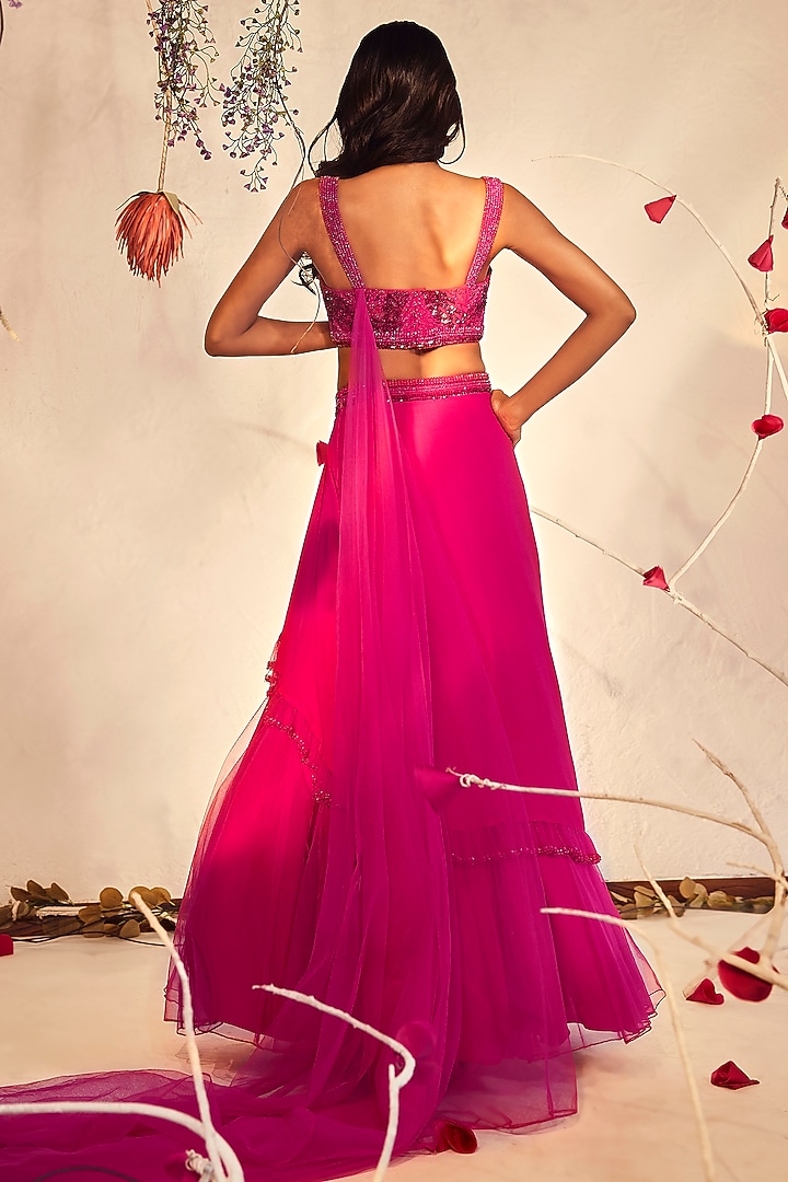 Pink Tulle & Crepe Layered Wedding Lehenga Set by Babita Malkani at Pernia's Pop Up Shop