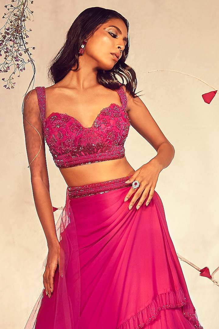 Pink Tulle & Crepe Layered Wedding Lehenga Set by Babita Malkani at Pernia's Pop Up Shop
