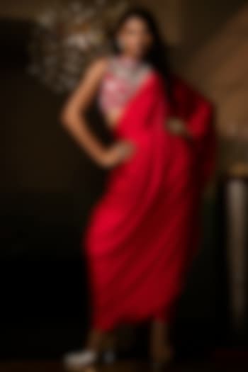 Sangria Red Pure Silk Satin Pre-Draped Wedding Saree Set by Babita Malkani at Pernia's Pop Up Shop