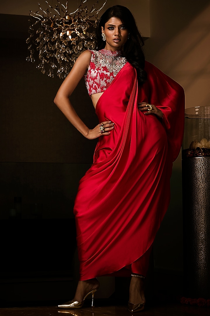 Sangria Red Pure Silk Satin Pre-Draped Wedding Saree Set by Babita Malkani at Pernia's Pop Up Shop
