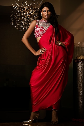 Sangria Red Pure Silk Satin Pre-Draped Saree Set by Babita Malkani