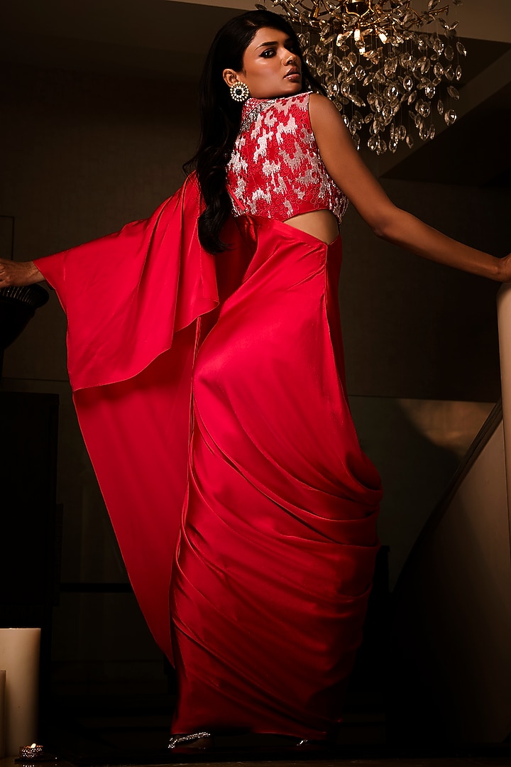 Sangria Red Pure Silk Satin Pre-Draped Wedding Saree Set by Babita Malkani at Pernia's Pop Up Shop