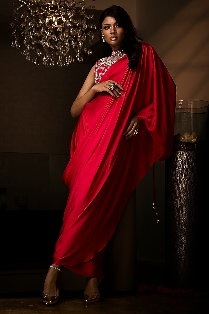 Sangria Red Pure Silk Satin Pre-Draped Wedding Saree Set by Babita Malkani at Pernia's Pop Up Shop