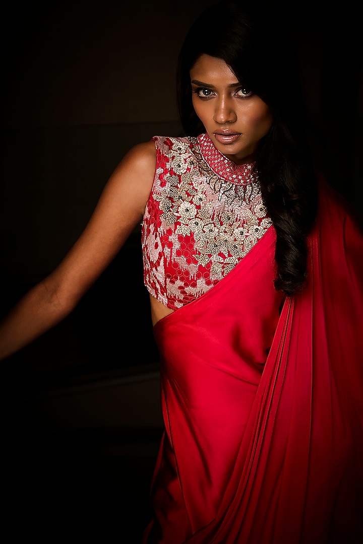 Sangria Red Pure Silk Satin Pre-Draped Wedding Saree Set by Babita Malkani at Pernia's Pop Up Shop