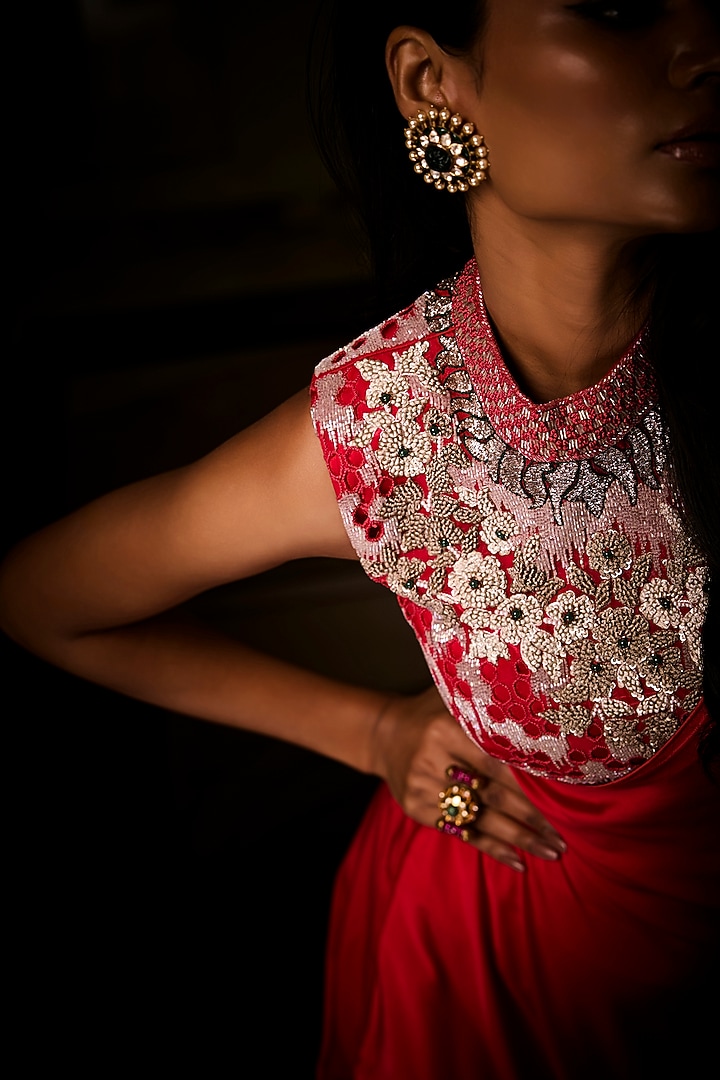 Sangria Red Pure Silk Satin Pre-Draped Wedding Saree Set by Babita Malkani at Pernia's Pop Up Shop