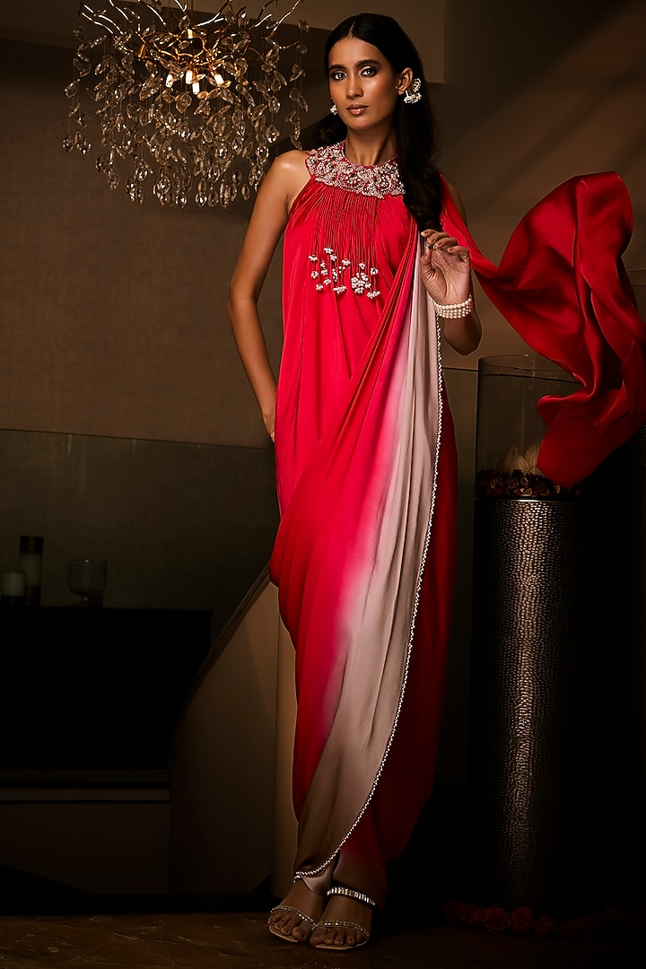 Sangria Red & Taupe Ombre Pure Silk Satin Pre-Draped Wedding Gown Saree by Babita Malkani at Pernia's Pop Up Shop