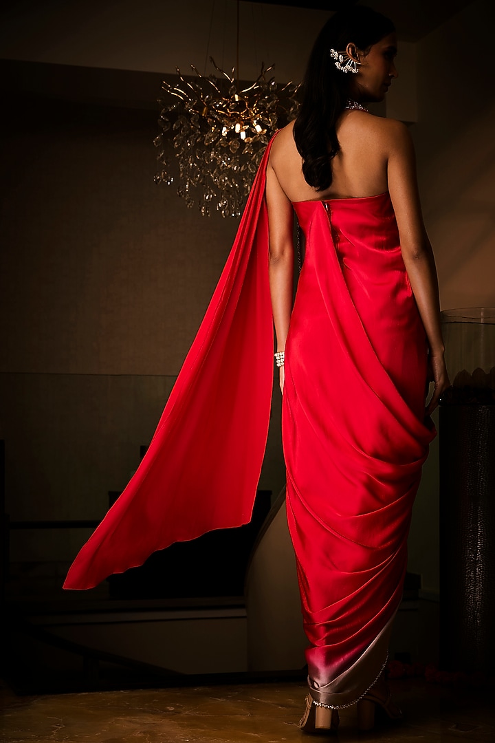 Sangria Red & Taupe Ombre Pure Silk Satin Pre-Draped Wedding Gown Saree by Babita Malkani at Pernia's Pop Up Shop