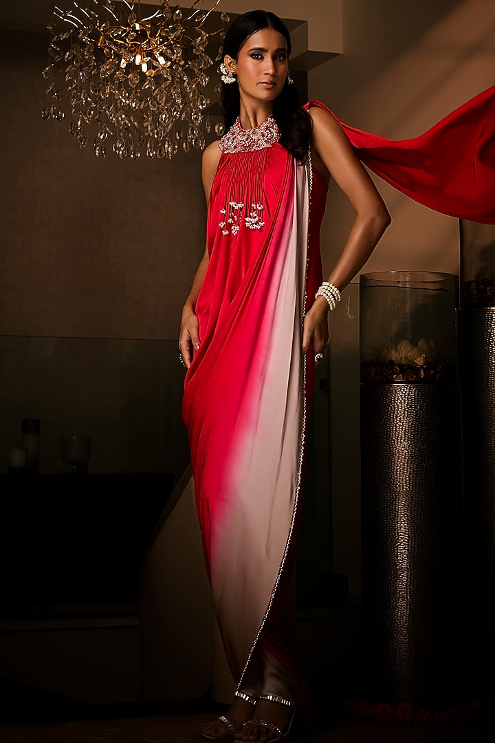 Sangria Red & Taupe Ombre Pure Silk Satin Pre-Draped Wedding Gown Saree by Babita Malkani at Pernia's Pop Up Shop
