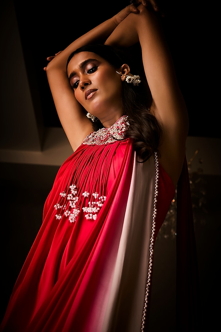 Sangria Red & Taupe Ombre Pure Silk Satin Pre-Draped Wedding Gown Saree by Babita Malkani at Pernia's Pop Up Shop