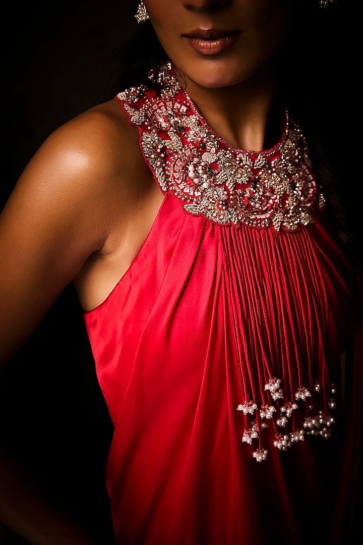 Sangria Red & Taupe Ombre Pure Silk Satin Pre-Draped Wedding Gown Saree by Babita Malkani at Pernia's Pop Up Shop