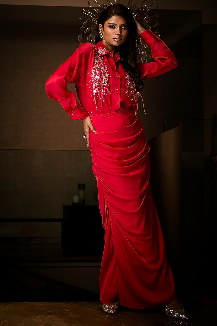 Sangria Red Silk Satin Cowl Skirt Set by Babita Malkani at Pernia's Pop Up Shop