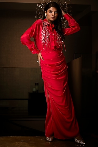 Sangria Red Silk Satin Cowl Skirt Set by Babita Malkani