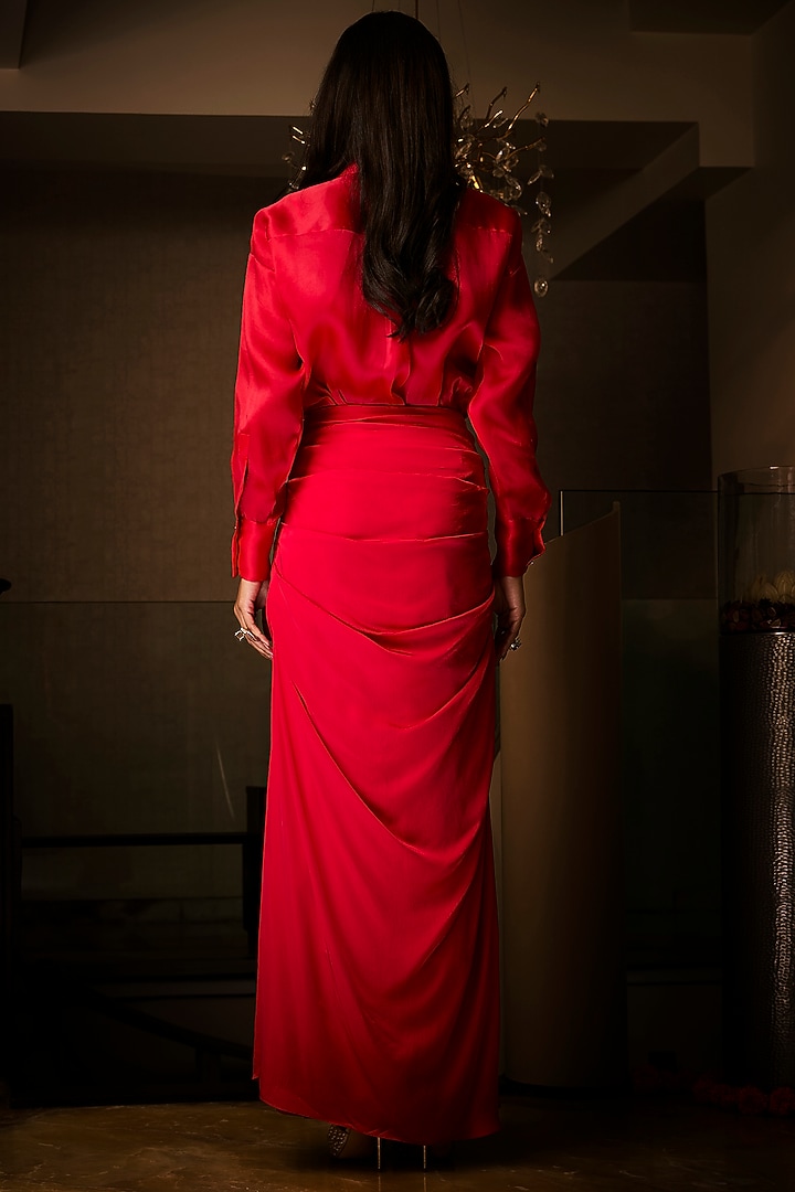 Sangria Red Silk Satin Cowl Skirt Set by Babita Malkani at Pernia's Pop Up Shop