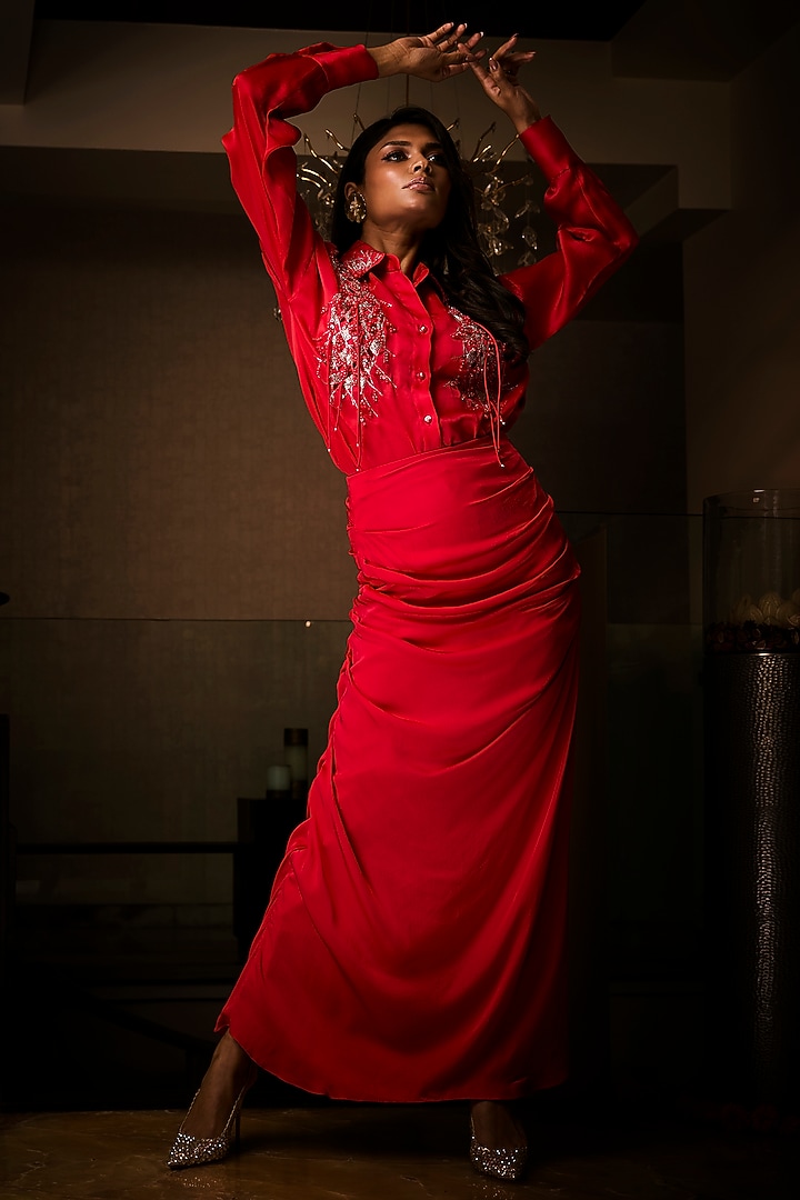 Sangria Red Silk Satin Cowl Skirt Set by Babita Malkani at Pernia's Pop Up Shop