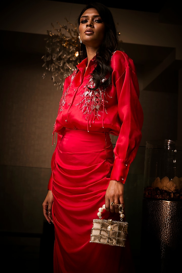 Sangria Red Silk Satin Cowl Skirt Set by Babita Malkani at Pernia's Pop Up Shop
