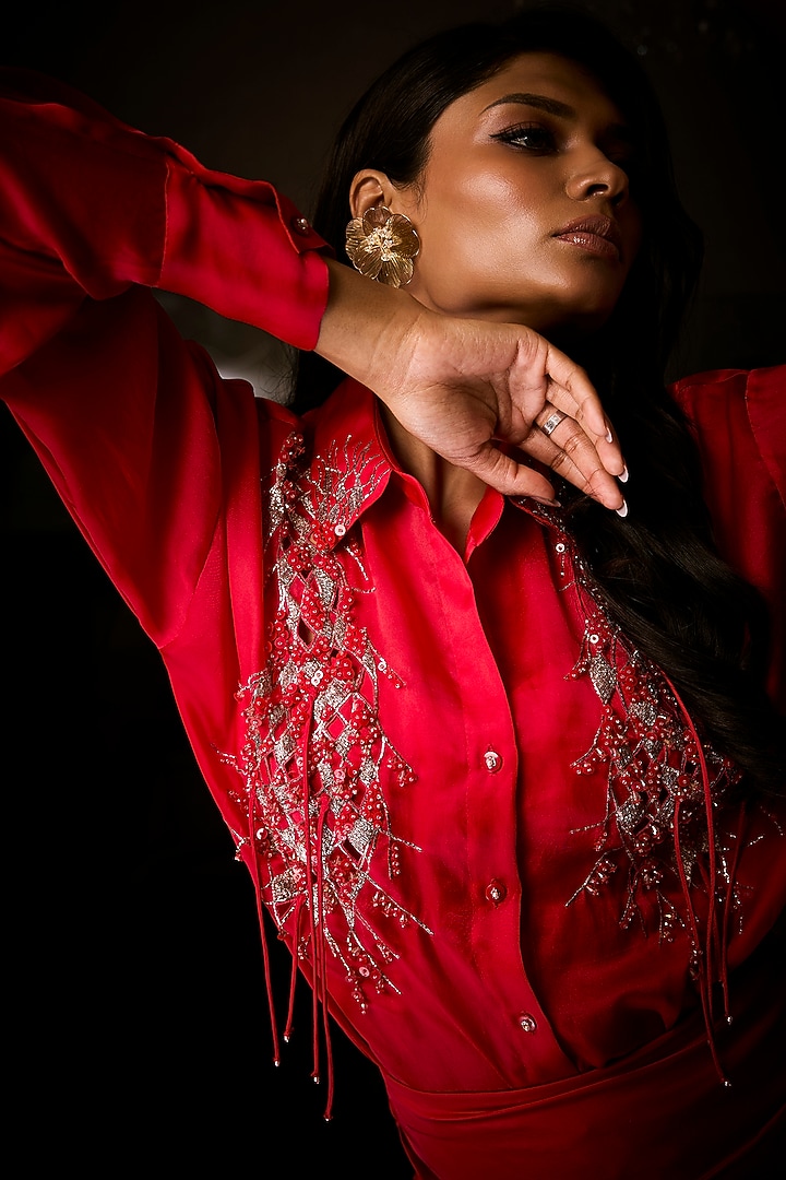 Sangria Red Silk Satin Cowl Skirt Set by Babita Malkani at Pernia's Pop Up Shop