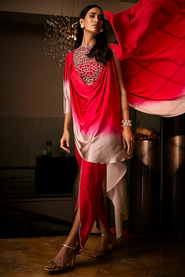 Sangria Red Pure Satin Cowl Draped Tunic Set by Babita Malkani at Pernia's Pop Up Shop