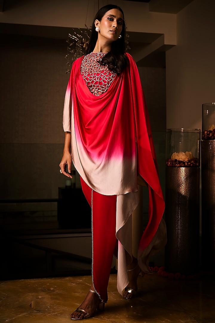 Sangria Red Pure Satin Cowl Draped Tunic Set by Babita Malkani at Pernia's Pop Up Shop