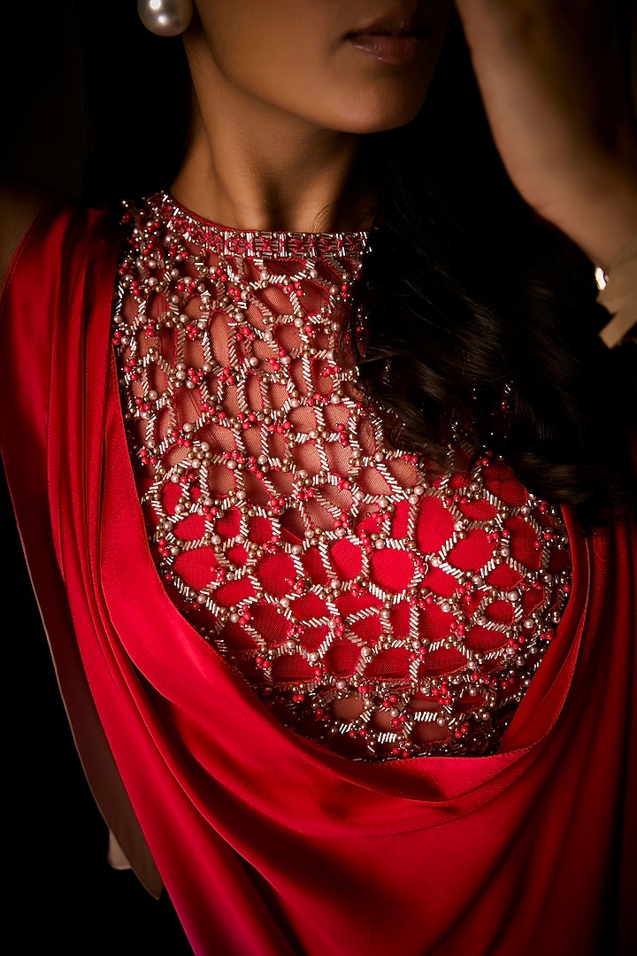 Sangria Red Pure Satin Cowl Draped Tunic Set by Babita Malkani at Pernia's Pop Up Shop