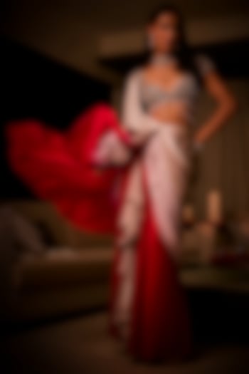 Dusty Pink & Sangria Ombre Pure Silk Satin Pre-Draped Wedding Saree Set by Babita Malkani at Pernia's Pop Up Shop