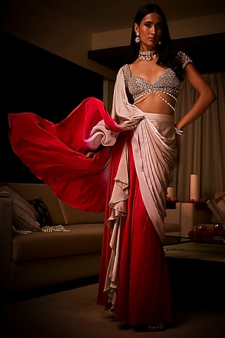 Dusty Pink & Sangria Ombre Pure Silk Satin Pre-Draped Saree Set by Babita Malkani